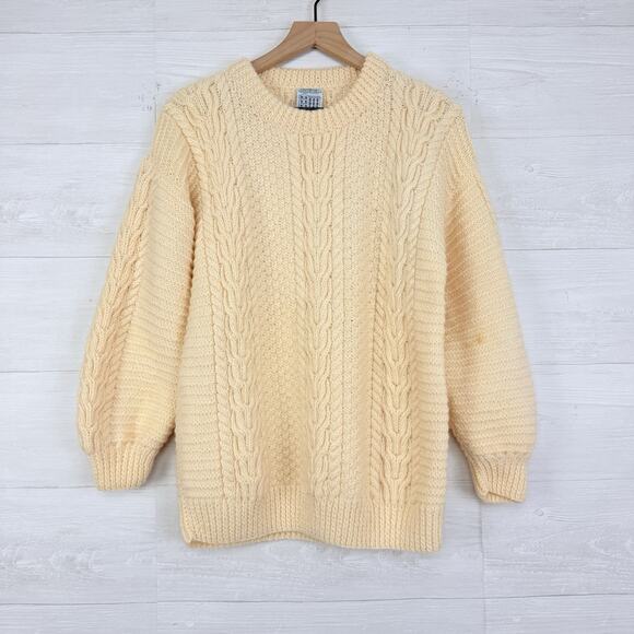Blarney Woollen Mills Handknit Aran Sweater M 100% Wool Cream Ireland Fisherman - Picture 2 of 13